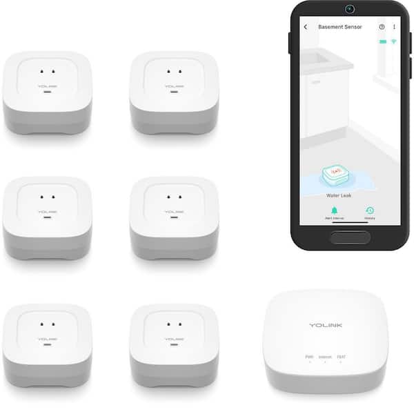 Smart Home Starter Kit: Hub & Water Leak Sensor 4 with 105dB Audio Alarm 6-Pack, SMS/Text, Email & Push Notifications
