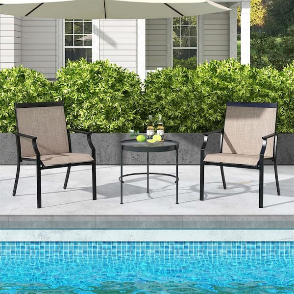 Costway Outdoor Dining Chairs Large Patio Chairs Breathable Seat Metal Frame Coffee (Set of 2)