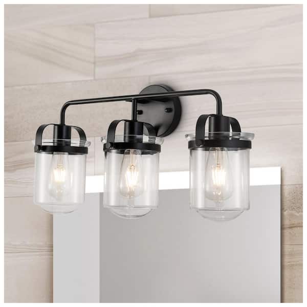 FIRHOT 22.44 in. 3 Light Black Wall Mount Vanity Light with Clear Glass Shade