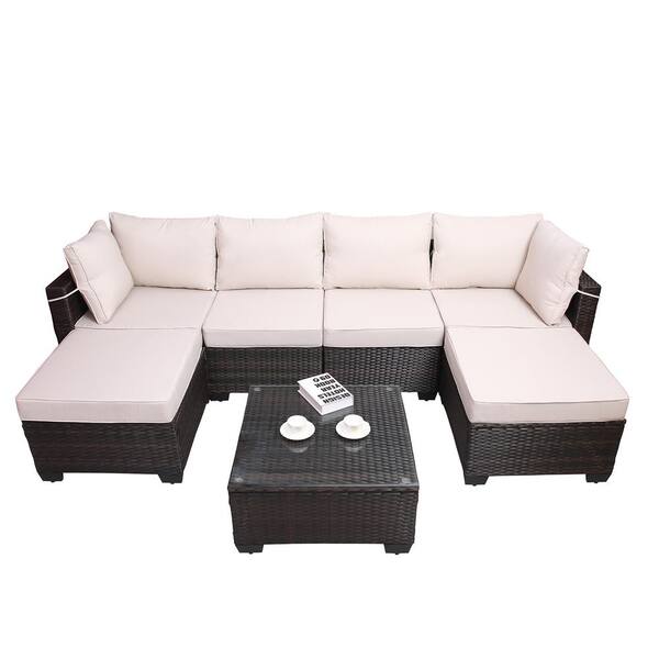 JimsMaison 7-Piece Brown Wicker Patio Conversation Set with Coffee Table and Beige Cushion