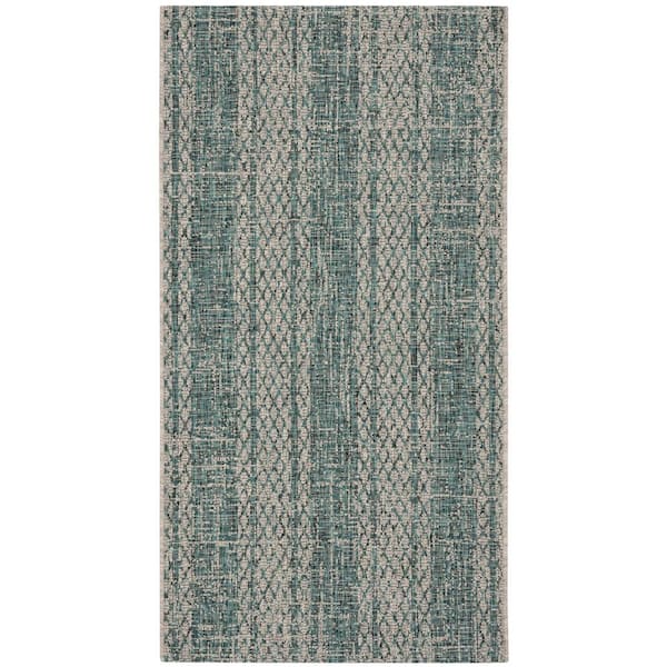 SAFAVIEH Courtyard Light Gray/Teal Doormat 2 ft. x 4 ft. Geometric Indoor/Outdoor Patio Area Rug
