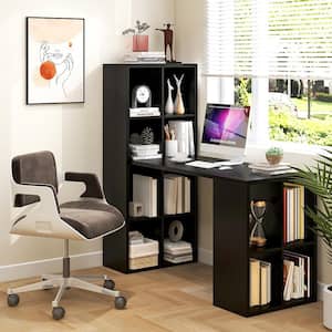 48 in. Rectangular Black Wood Computer Desk with Bookshelf 12-Cubes Study Writing Table Laptop Workstation