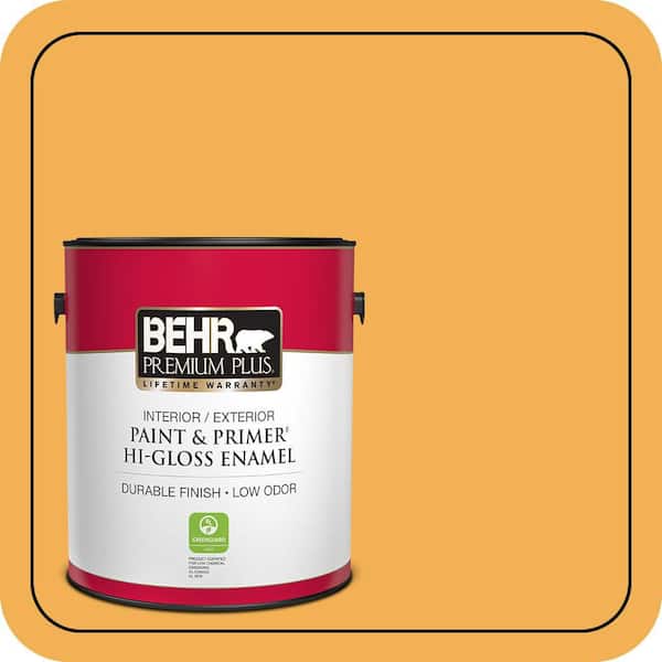 BEHR PREMIUM PLUS 1 gal. #PMD-20 Goldenrod Field Hi-Gloss Enamel Interior/Exterior Paint & Primer