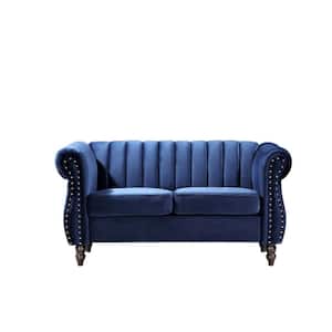 Louis 59.1 in. Dark Blue Channel Tufted Velvet 2-Seats Loveseat with Nailheads