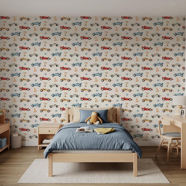 Vintage Race Cars Cream Ground Peel and Stick Wallpaper