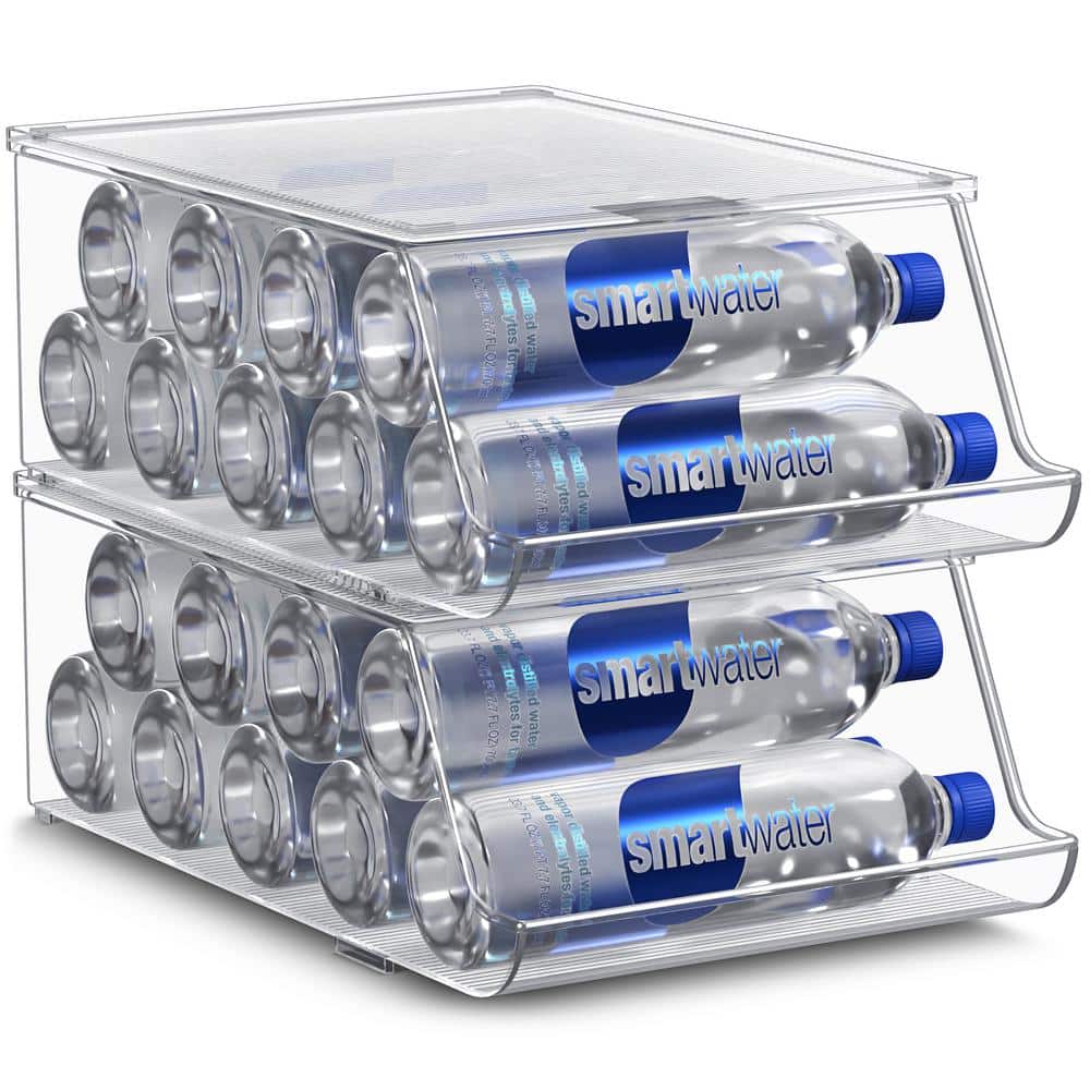 2 Pack Clear Stackable Water Bottle Organizer and Dispenser with Lids, Can 