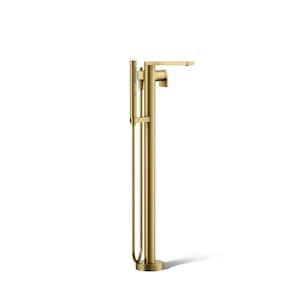 Composed Floor-Mount 1-Handle Bath Filler Tub Trim with Handshower in Vibrant Brushed Moderne Brass