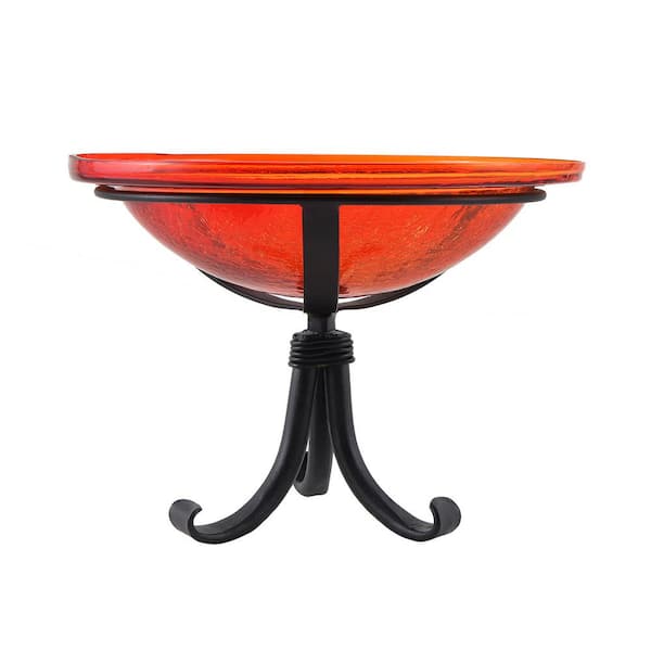 ACHLA DESIGNS 12.5 in. Dia Red Reflective Crackle Glass Birdbath Bowl with Tripod Stand