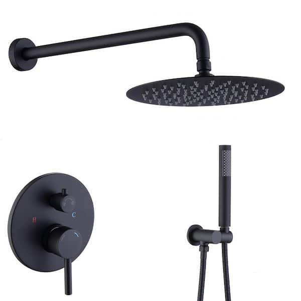 Unbranded 1-Spray Patterns with 1.8 GPM 10 in.Wall Mount Rain Fixed Shower Head with Brass Valve Rough-In in Matt Black