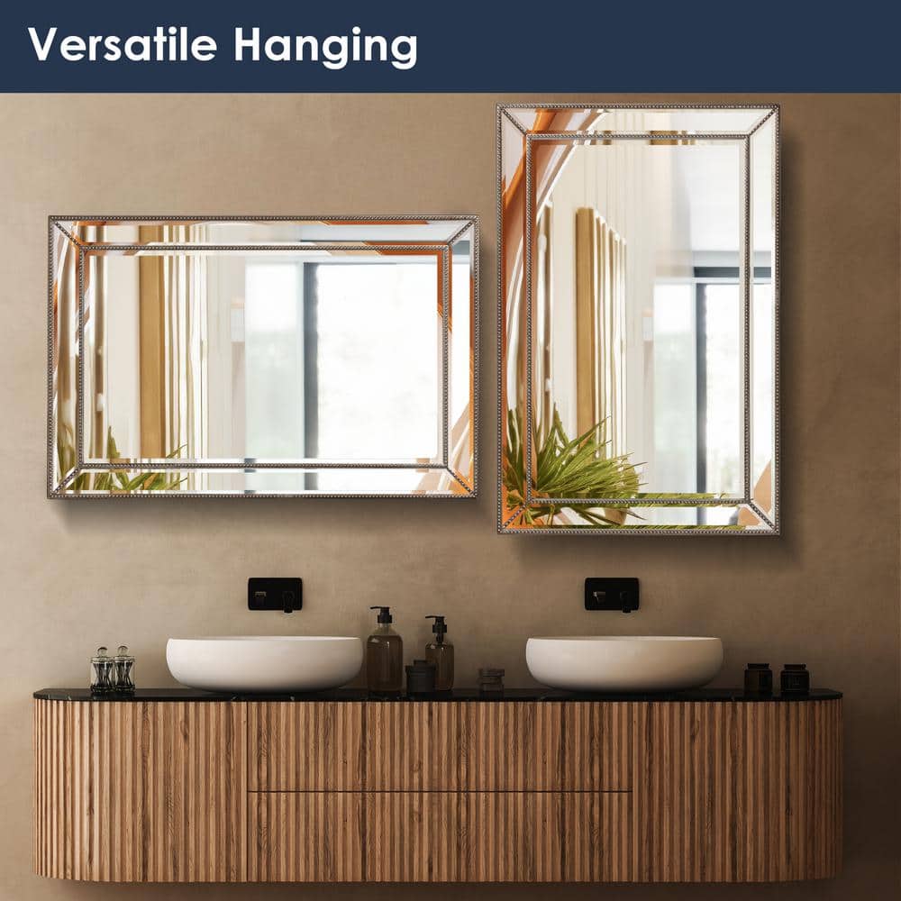Champagne Silver Beaded Rectangular Vanity Mirror - 24"x 36"