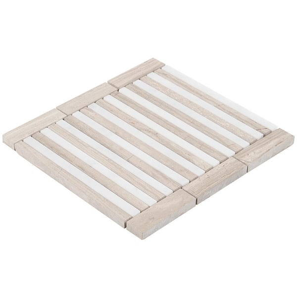 Florey Linear Asian Statuary and Wooden Beige 7.87 in. x 8.31 in. Polished Marble Mosaic Tile (0.45 sq. ft. /Each)