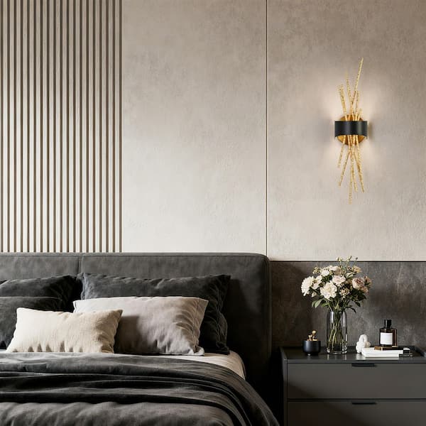 21.7 in. H 1-Light Black LED Linear Wall Sconce with Hammered Goldleaf Metal Accents Modern Glam Living Room Wall Light