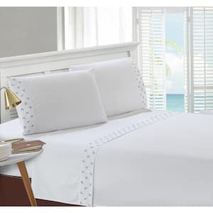 Anchors Mini Embroidered 4-Piece White Microfiber Queen Sheet Set