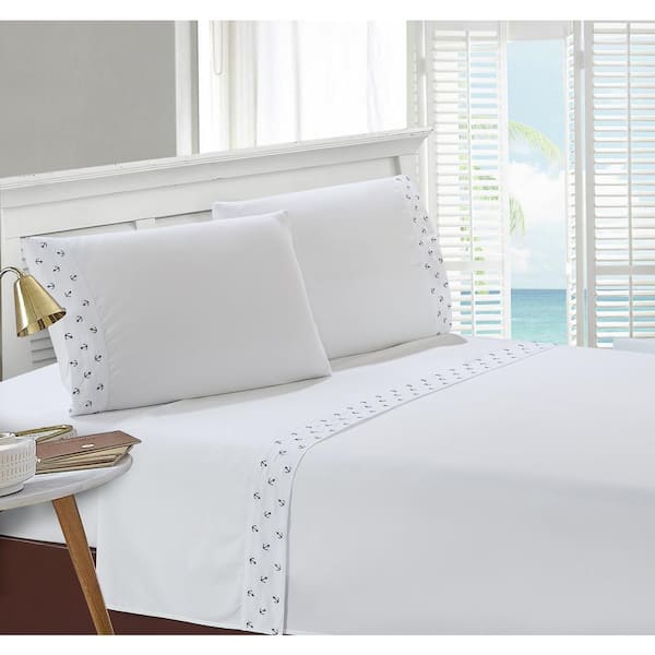 Anchors Mini Embroidered 4-Piece White Microfiber Queen Sheet Set