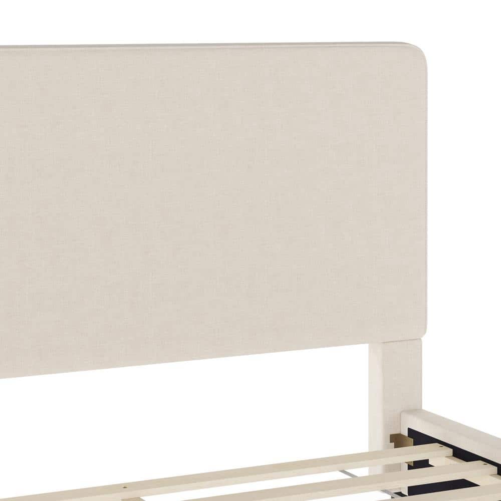 King Beige Linen Upholstered Platform Bed with Walnut Legs