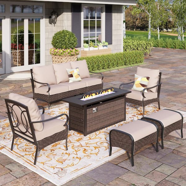 PHI VILLA Metal Frame Dark Brown Rattan 6-Piece Steel Outdoor Fire Pit ...