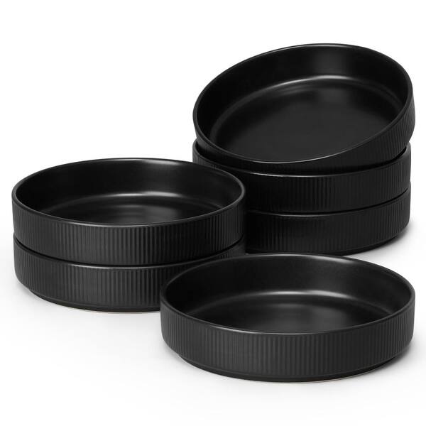 35 fl. oz. Matte Black Reactive Glaze Ceramic Stoneware Salad Pasta and Soup Bowls Set of 6