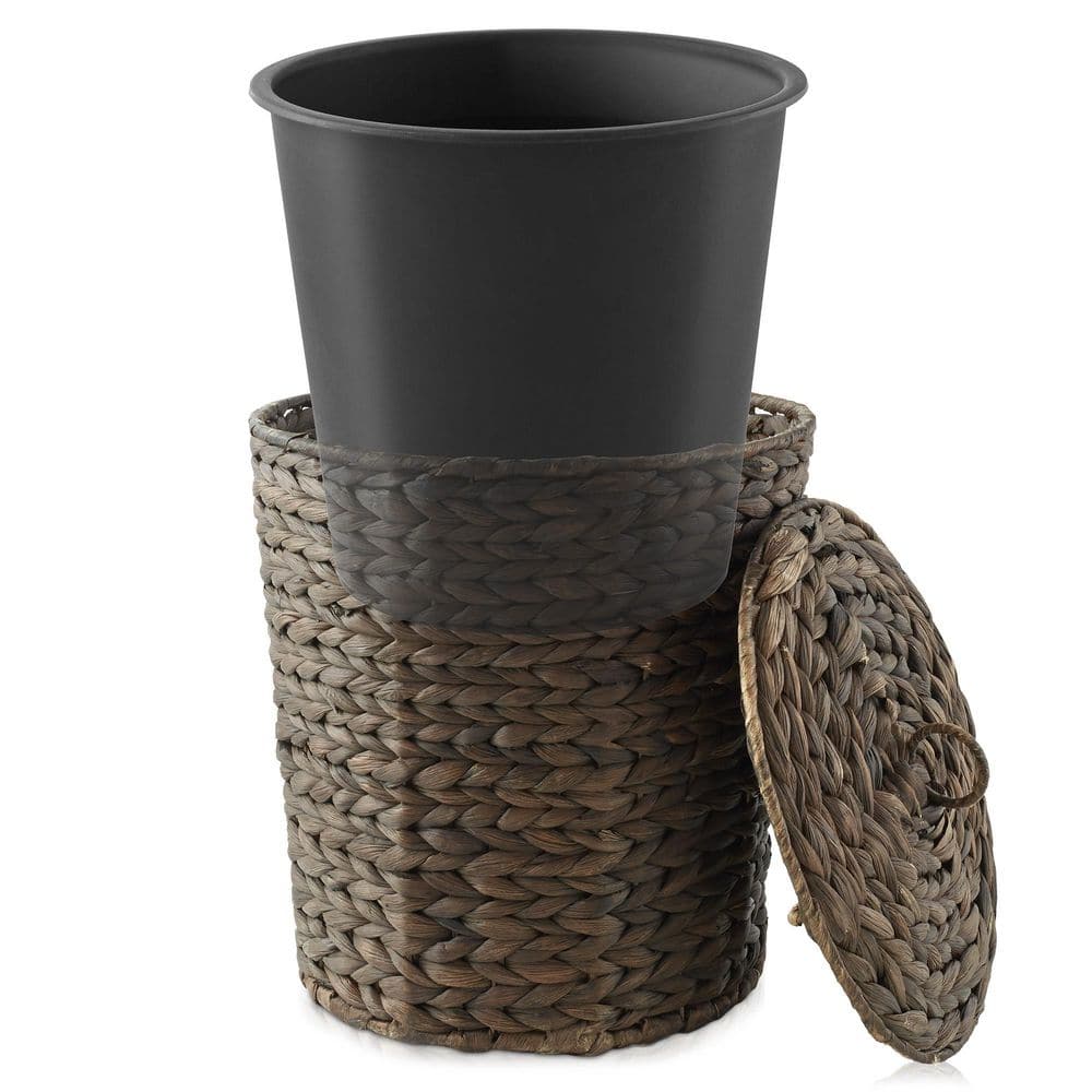 Espresso Water Hyacinth Woven Bathroom Trash Can with Lid