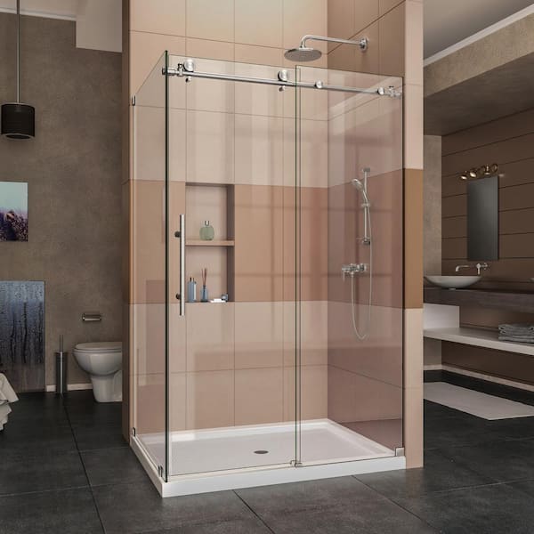 DreamLine Enigma-X 32 1/2 in. D x 48 3/8 in. W x 76 in. H Frameless Corner Sliding Shower Enclosure in Brushed Stainless Steel