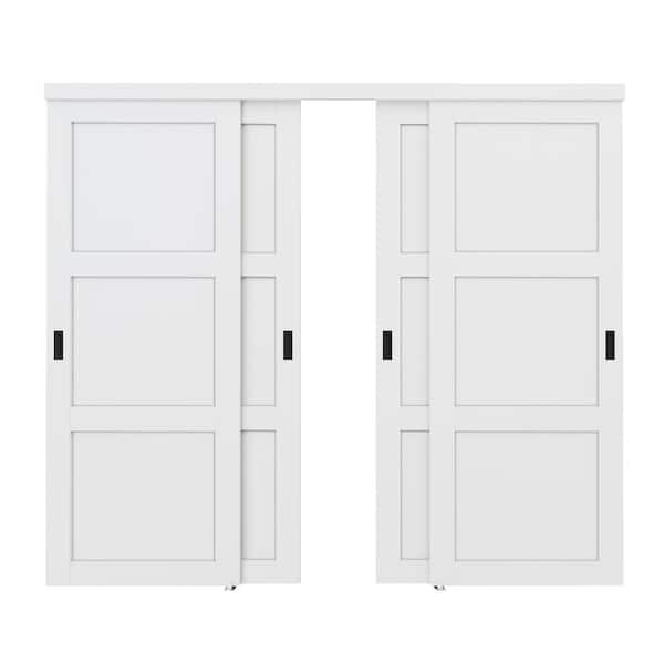 96 in. x 80 in. Paneled 3-Lite Blank Pattern White Primed MDF Sliding Door with Hardware and Black Handles