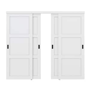 96 in. x 80 in. Paneled 3-Lite Blank Pattern White Primed MDF Sliding Door with Hardware and Black Handles