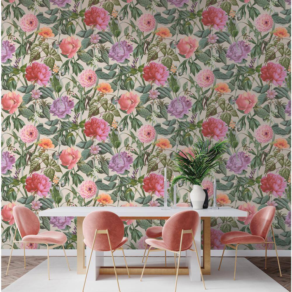 Floral Botanical Paradise Textured Wallpaper in White and Pink