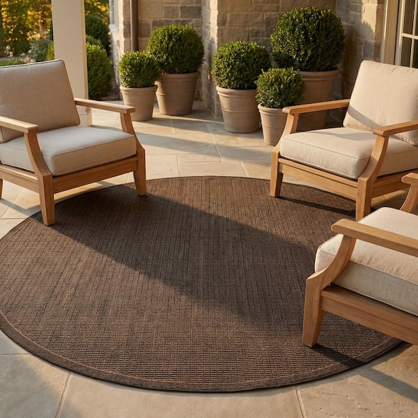 Recife Saddle Stitch Black-Brown 8 ft. x 8 ft. Flatwoven Solid Round Indoor/Outdoor Area Rug