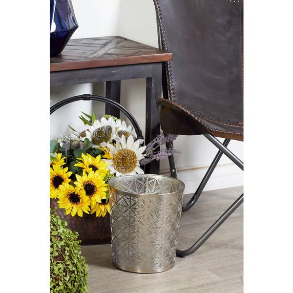 Litton Lane Round Silver Iron Waste Can with Circular and Diamond-Shaped Cut Out Design