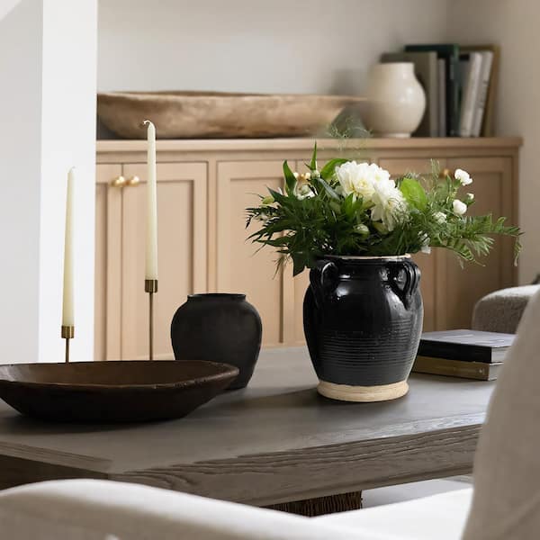 LuxenHome 9.4 in. Black Jug Round Terracotta Vase with Two Handles