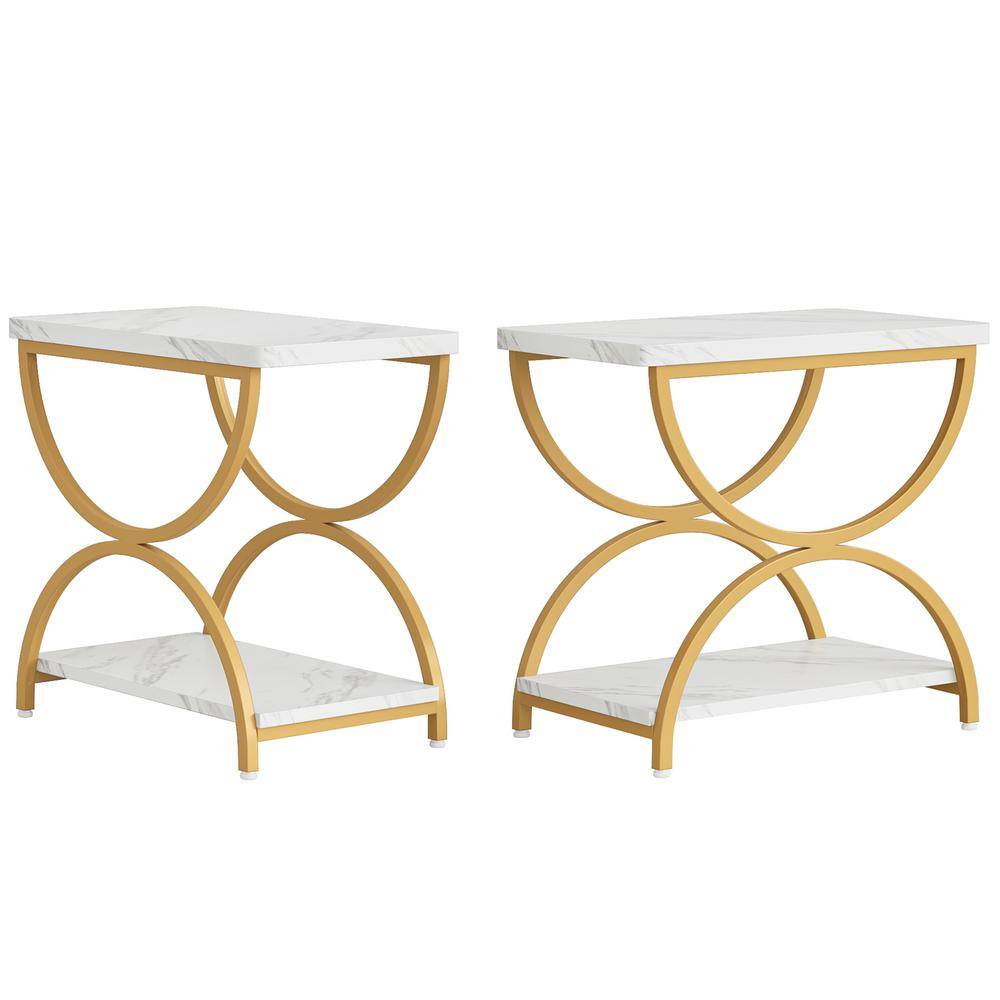 Kerlin 23 in. 2PCS White&Gold Rectangular Wood End Side Accent Table Sofa Side Table with 2-Tier and Metal Frame