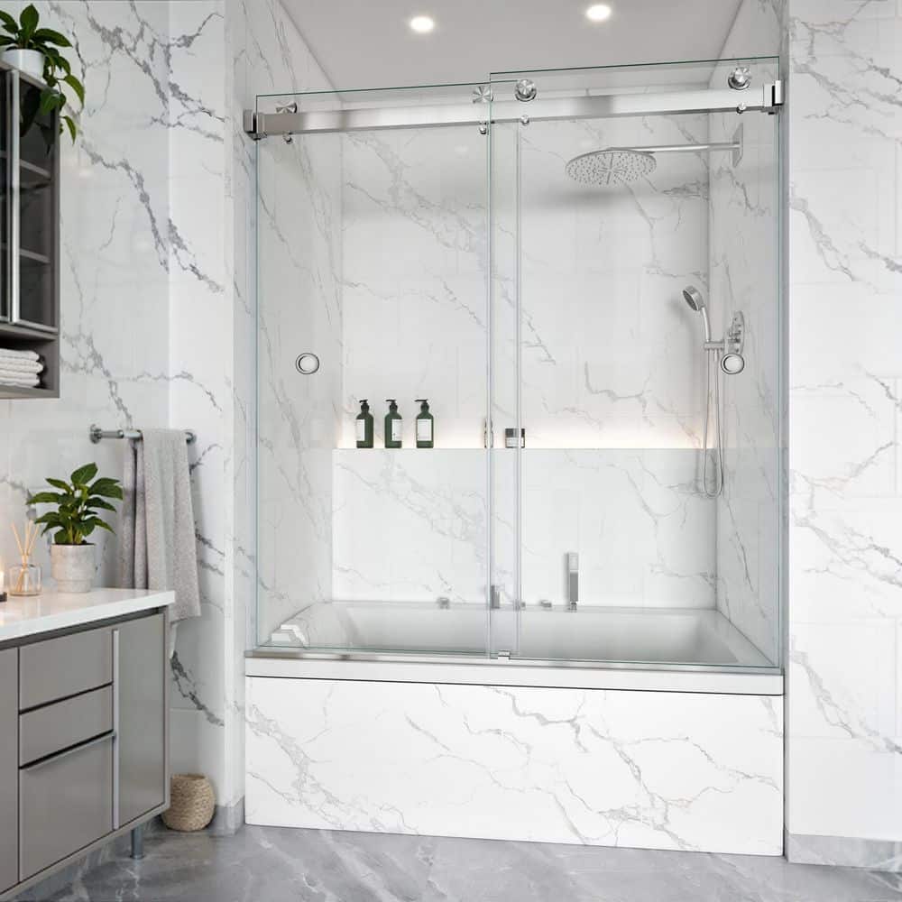 56-61 in. W x 60 in. H Double Sliding Frameless Tub Door in Brushed Nickel with 3/8 in. Clear Glass, 2-Finger Pulls price history on PriceWatchPro
