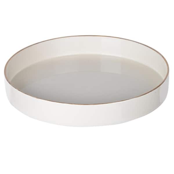Benzara White Glossy and Gold Sturdy Plastic Round Tray with Accented Trims