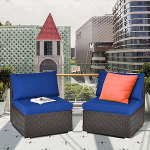 Brown 2-Piece Wicker Outdoor Sectional Rattan Armless Sofa with Navy Cushions