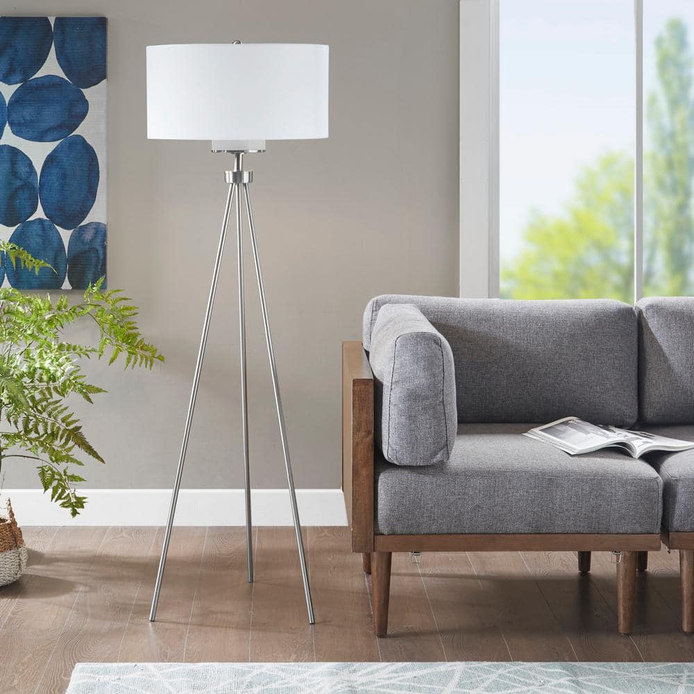 Silver Pacific Tripod Metal Floor Lamp with Grey Glass Shade