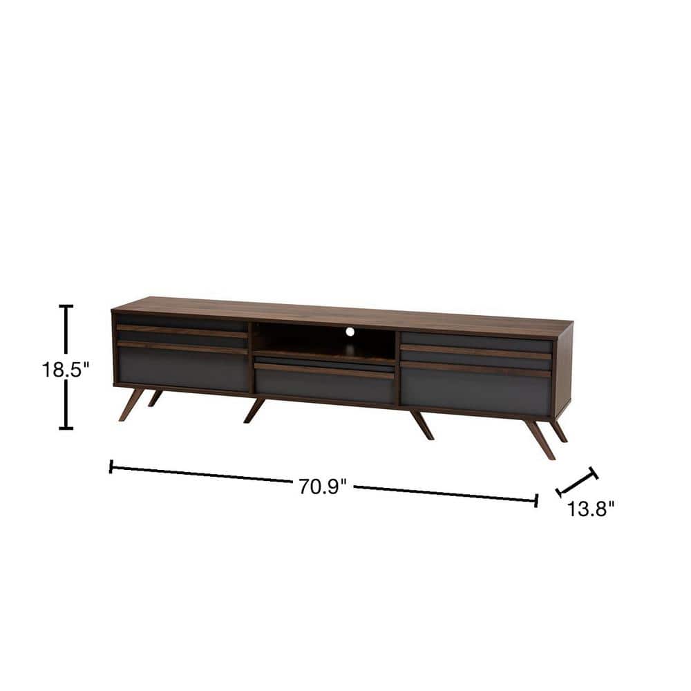 Gray and Walnut Wood TV Stand with Drop-Down Compartments
