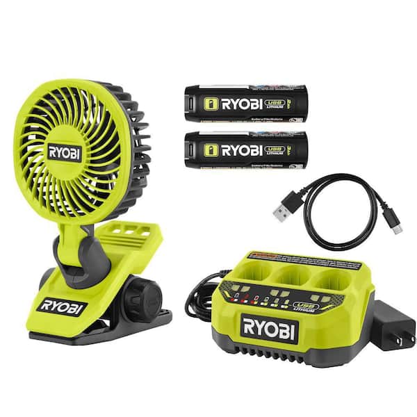 USB Lithium Clamp Fan Kit with 2.0 Ah USB Lithium Battery, Charging Cable, 3 Ah Battery, and USB Lithium 3-Port Charger