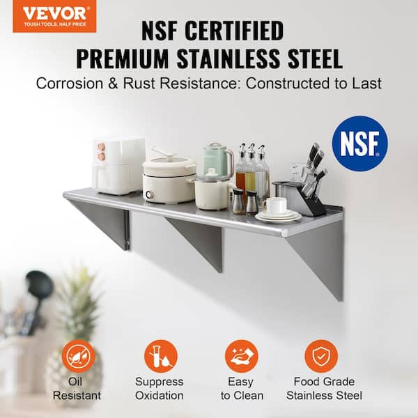 VEVOR Stainless Steel Shelf 24 in. x 8.6 in. Wall Mounted Floating Shelving with Brackets Pantry Organizers, Silver