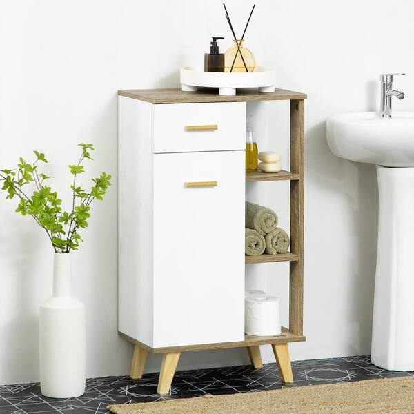 kleankin Bathroom Floor Cabinet with 3 Shelves and Cupboard, Slim and Freestanding Linen Tower with Storage, Natural