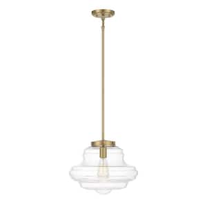 15 in. W x 11.5 in. H 1-Light Natural Brass Pendant Light with Clear Glass Shade