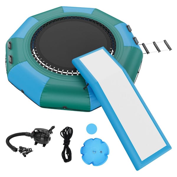 Inflatable Water Bouncer, Portable Bounce Swim Platform with Slide, 3-Step Ladder, 10ft. Recreational Water Trampoline