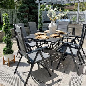 7-Piece Outdoor Patio Dining Set with Aluminum Frame Grey Folding Chairs and Black Table