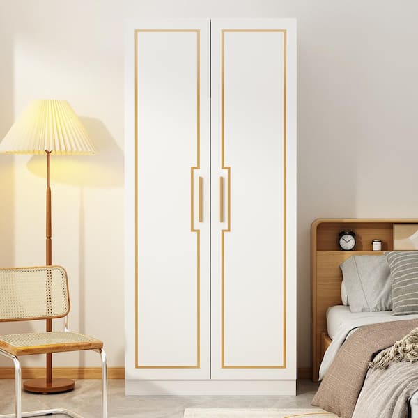 FUFU&GAGA White Wooden Wardrobe, Armoire with 6-Tier Shelves and Eco-Friendly Paint Finish, 31.4 in. W x 18.8 in. D x 70 in. H