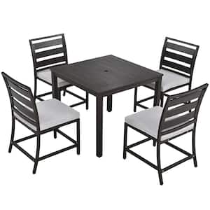 5-Piece Wood Outdoor Dining Table Set for Patio, Balcony with Beige Cushions, Dark Brown