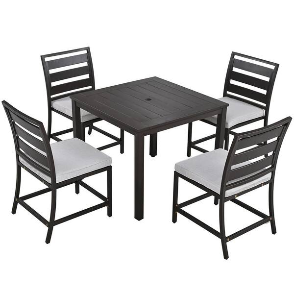 Tunearary 5-Piece Wood Outdoor Dining Table Set for Patio, Balcony with Beige Cushions, Dark Brown