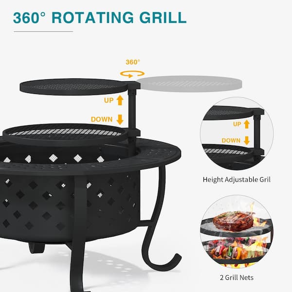 36 in. Outdoor Wood Burning Fire Pit with 2 Grills and Removable Lid, Large Barbecue Table for Camping and Picnics