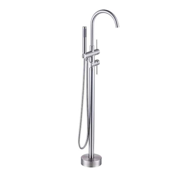 Double Handle Floor Mounted Freestanding Tub Faucet with Handheld Shower in Brushed Nickel