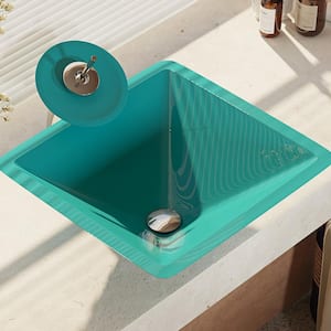Glass Vessel Sink in Cerulean with Waterfall Faucet and Pop-Up Drain in Chrome