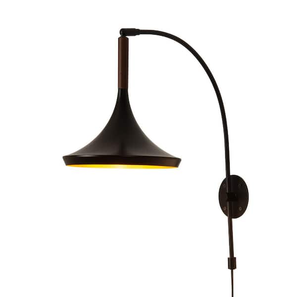 Lodi 20in. Matte Black & Walnut 1-Light Accent Wall Sconce for Living Room with Walnut Shade