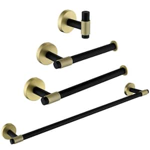 4 -Piece Bath Hardware Set with Towel bar Toilet Paper Holder Towel Hook Towel Holder Set in Black and Gold