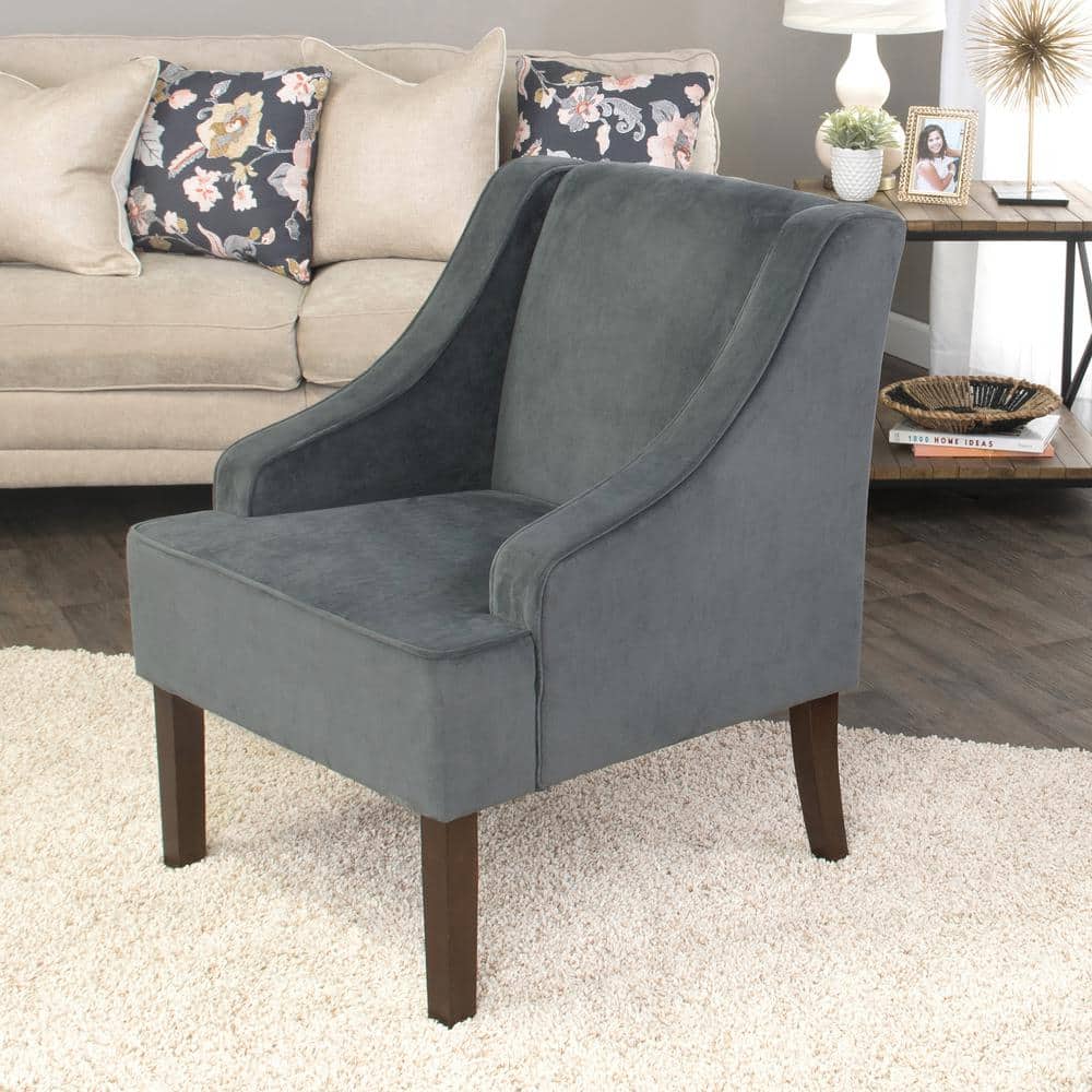 Gray Velvet Swoop Arm Accent Chair with Wood Legs